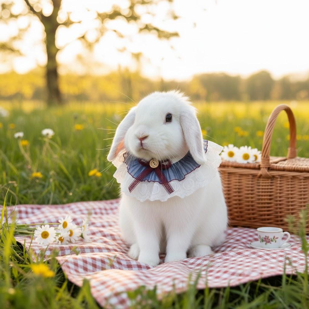 Elegant Lace Bunny Bib Collar – Blue Pleated Rabbit Neck Ruffle with Burgundy Bow