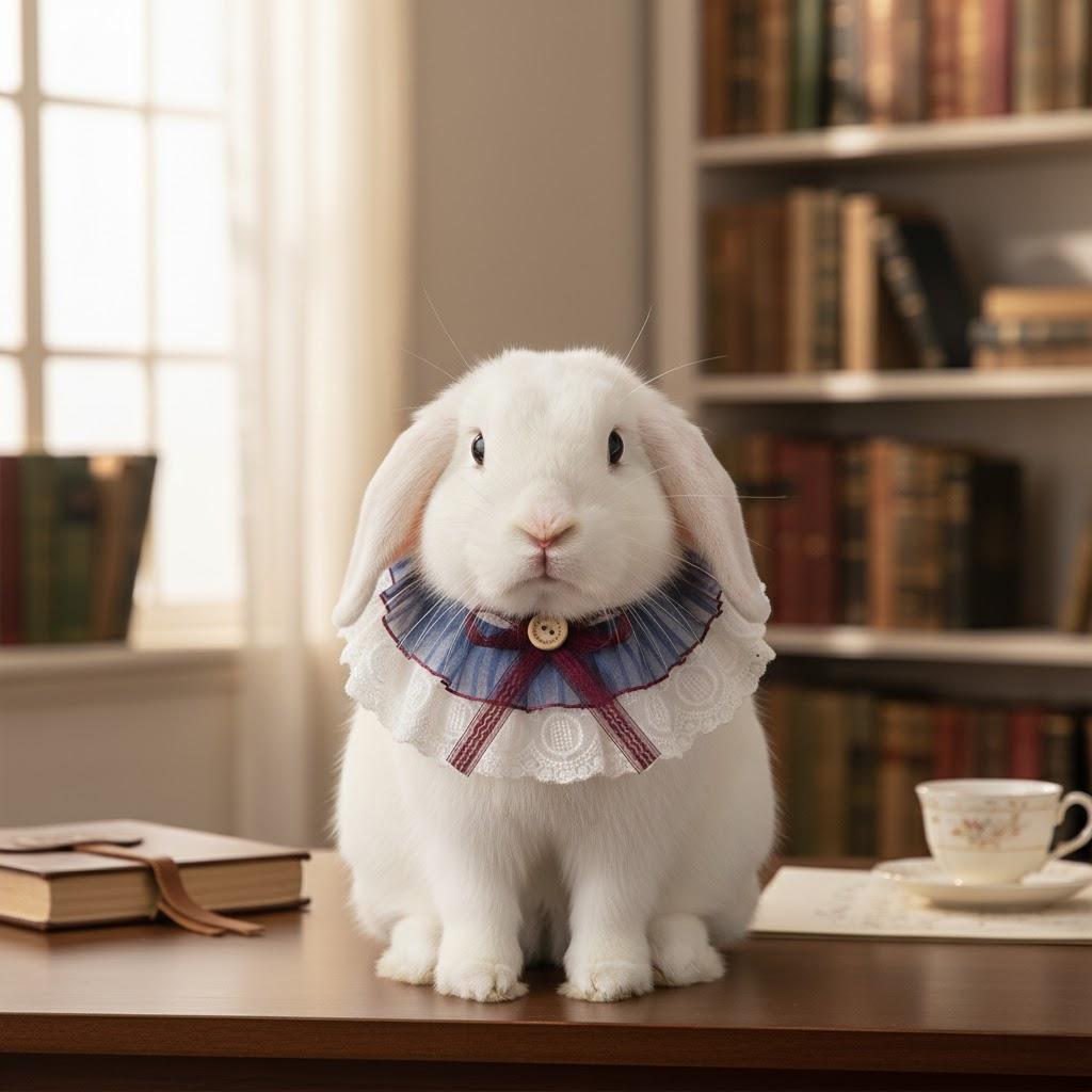 Elegant Lace Bunny Bib Collar – Blue Pleated Rabbit Neck Ruffle with Burgundy Bow