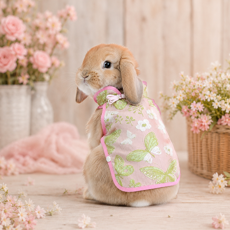 Pink Floral Rabbit Cheongsam Dress, Butterfly Embroidery Pet Outfit