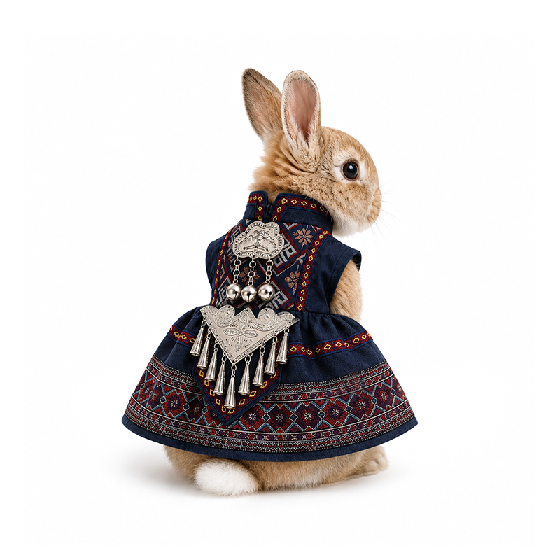 Chinese Ethnic Style Rabbit Dress, Bunny Clothes with Embroidered Trim, Festival Pet Costume