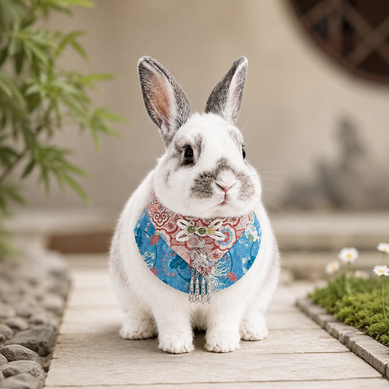 Chinese Ethnic Style Rabbit Bib, Bunny Bandana with Tassels, Small Pet Collar