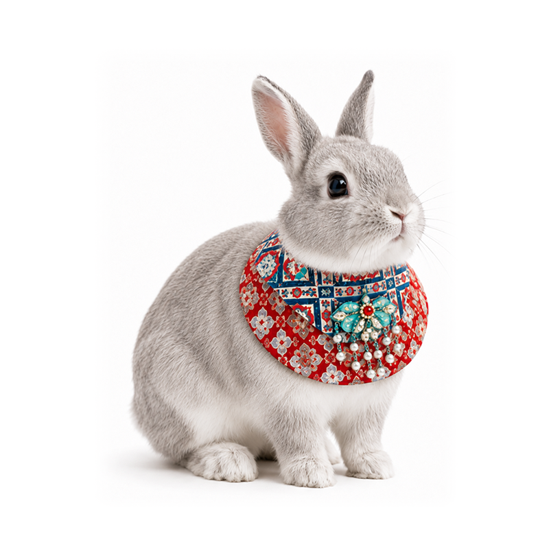 Chinese Ethnic Style Rabbit Bib, Bunny Bandana with Tassels, Small Pet Collar
