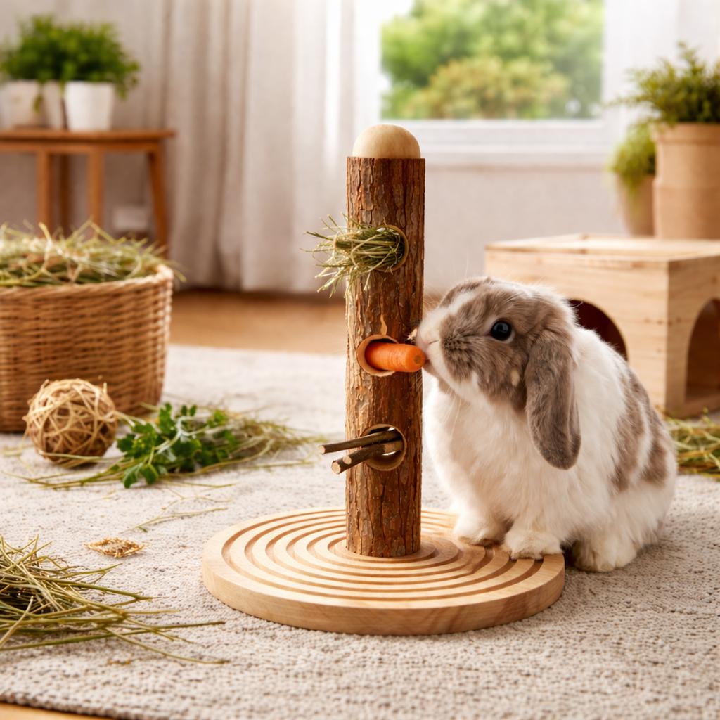 Natural Wood Bunny Treat Tree - Interactive Foraging Toy
