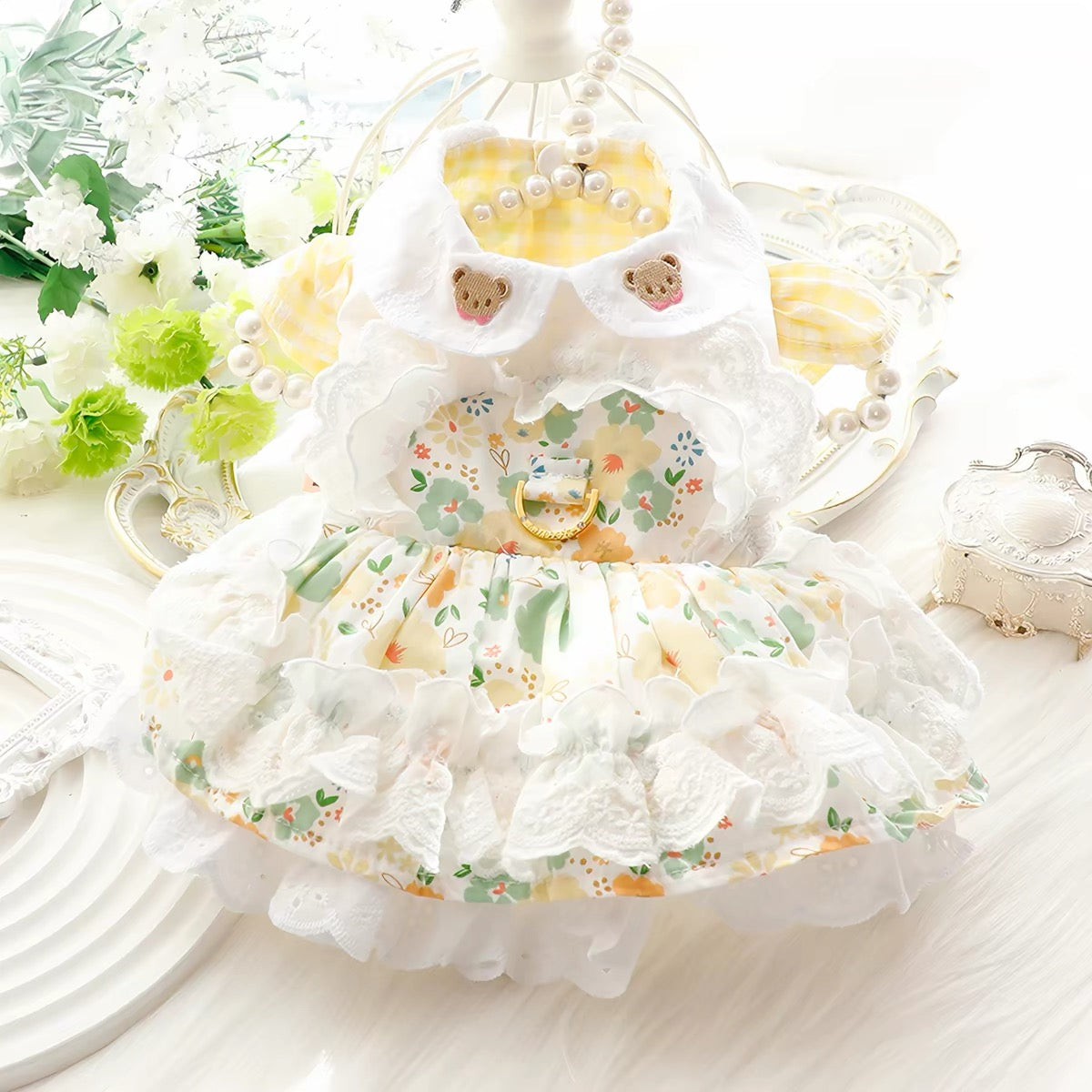 Cottagecore Floral Rabbit Harness Dress – Pink Gingham Bunny Vest with Lace Ruffles