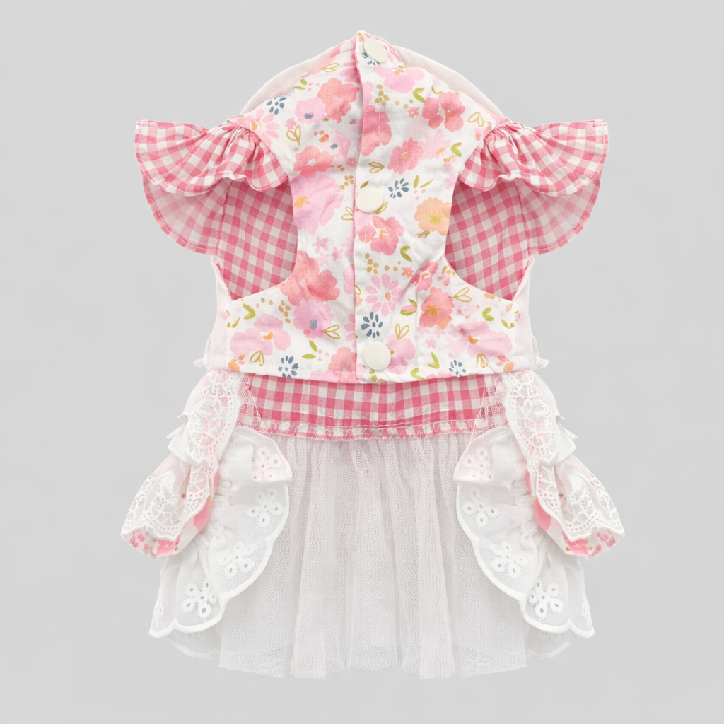 Cottagecore Floral Rabbit Harness Dress – Pink Gingham Bunny Vest with Lace Ruffles