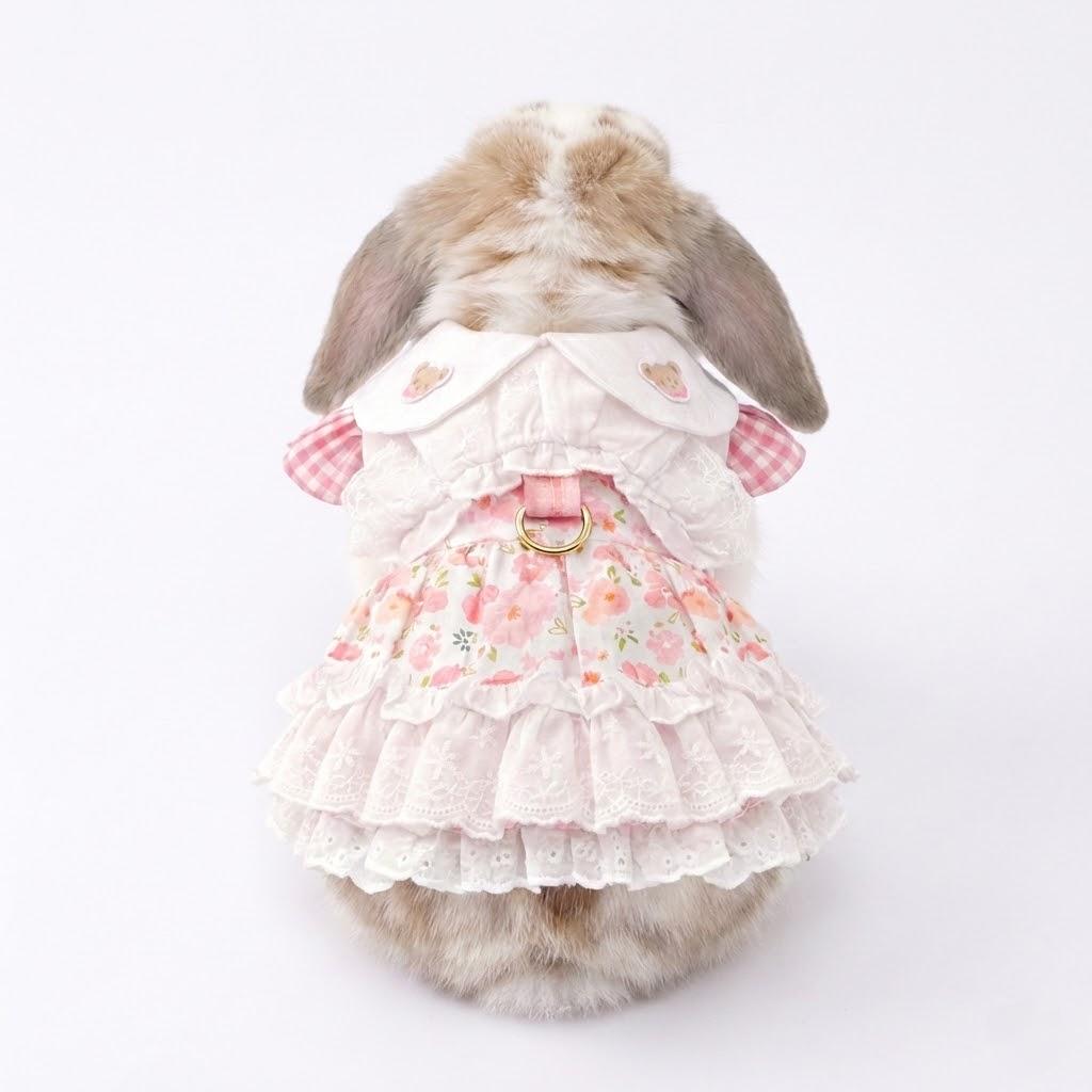 Cottagecore Floral Rabbit Harness Dress – Pink Gingham Bunny Vest with Lace Ruffles