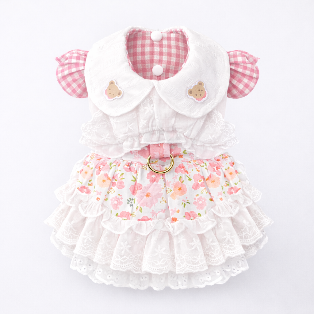 Cottagecore Floral Rabbit Harness Dress – Pink Gingham Bunny Vest with Lace Ruffles