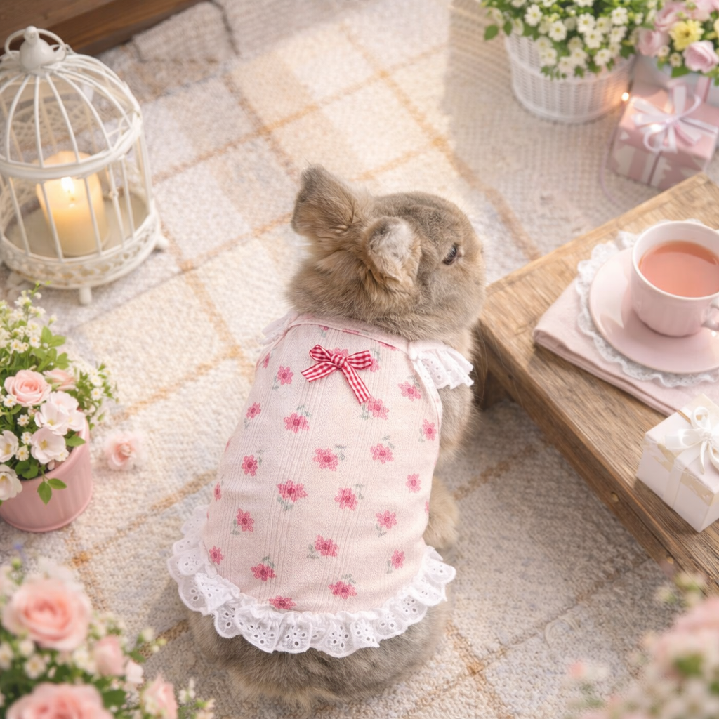 Kawaii Lace Ruffle Rabbit Dress – Soft Cotton Bunny Harness Vest with Heart & Bear Print