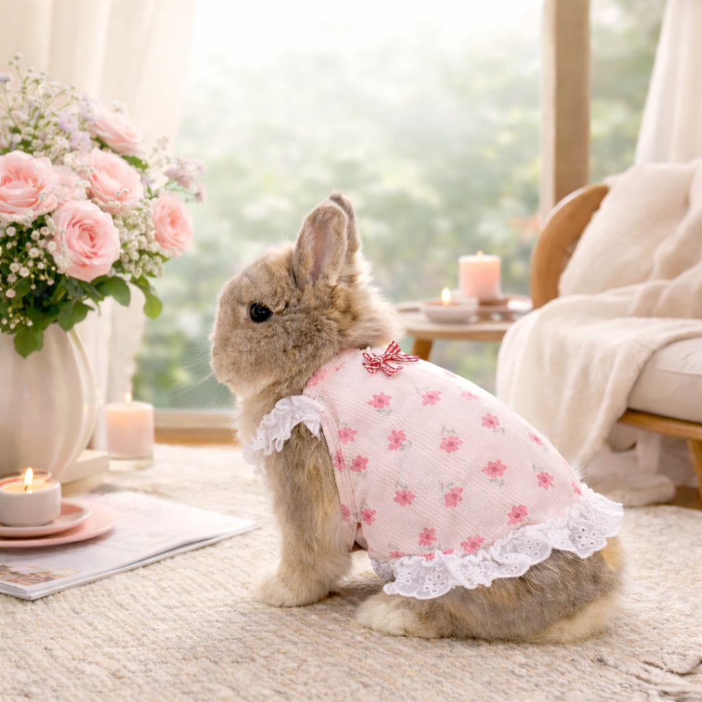 Kawaii Lace Ruffle Rabbit Dress – Soft Cotton Bunny Harness Vest with Heart & Bear Print