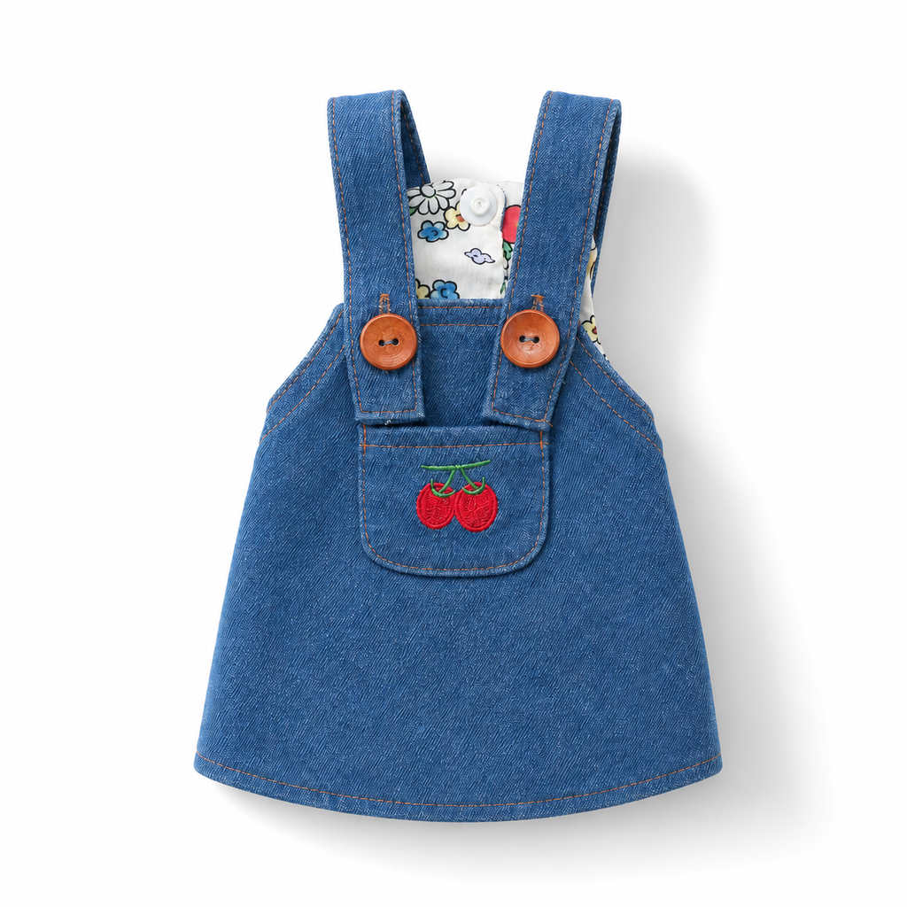 Denim Bunny Dress with Cherry Embroidery Rabbit Overalls Outfit