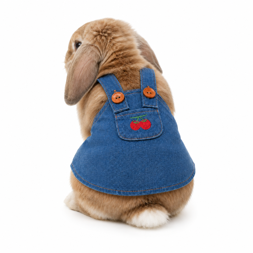 Denim Bunny Dress with Cherry Embroidery Rabbit Overalls Outfit