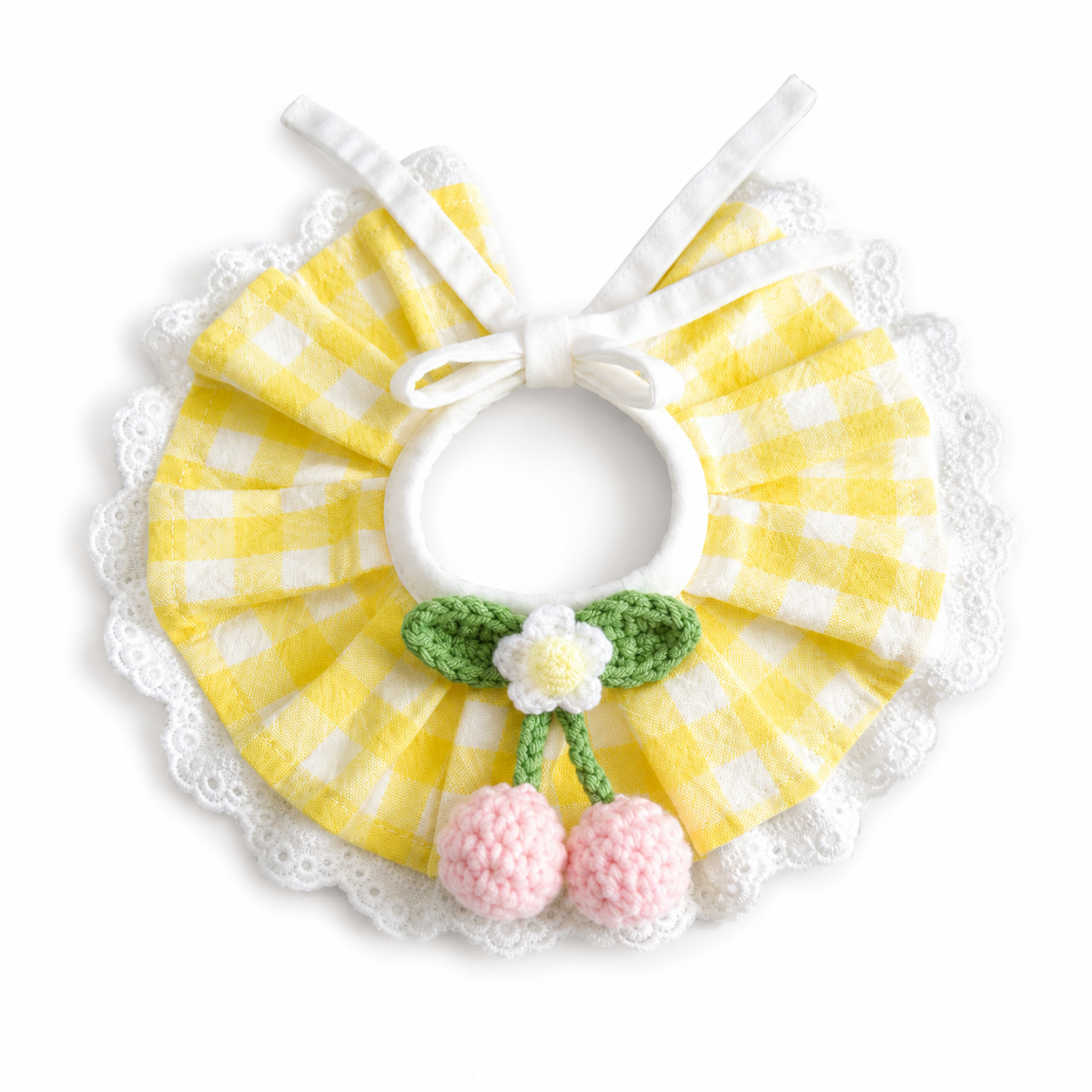 Cherry Blossom Gingham Bunny Bib Collar with Lace Trim – Cute Rabbit Neck Accessory