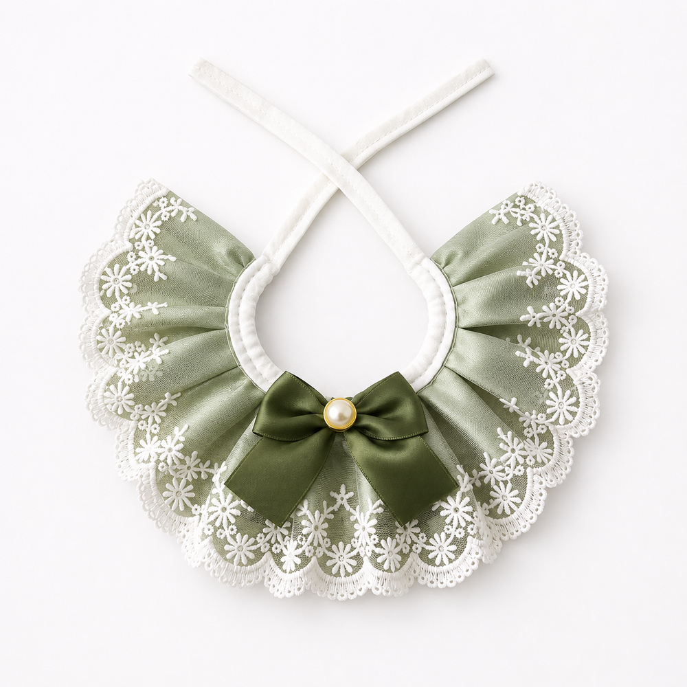 Sage Green Lace Pet Rabbit Bib – Victorian Style Bunny Collar with Bow & Pearl