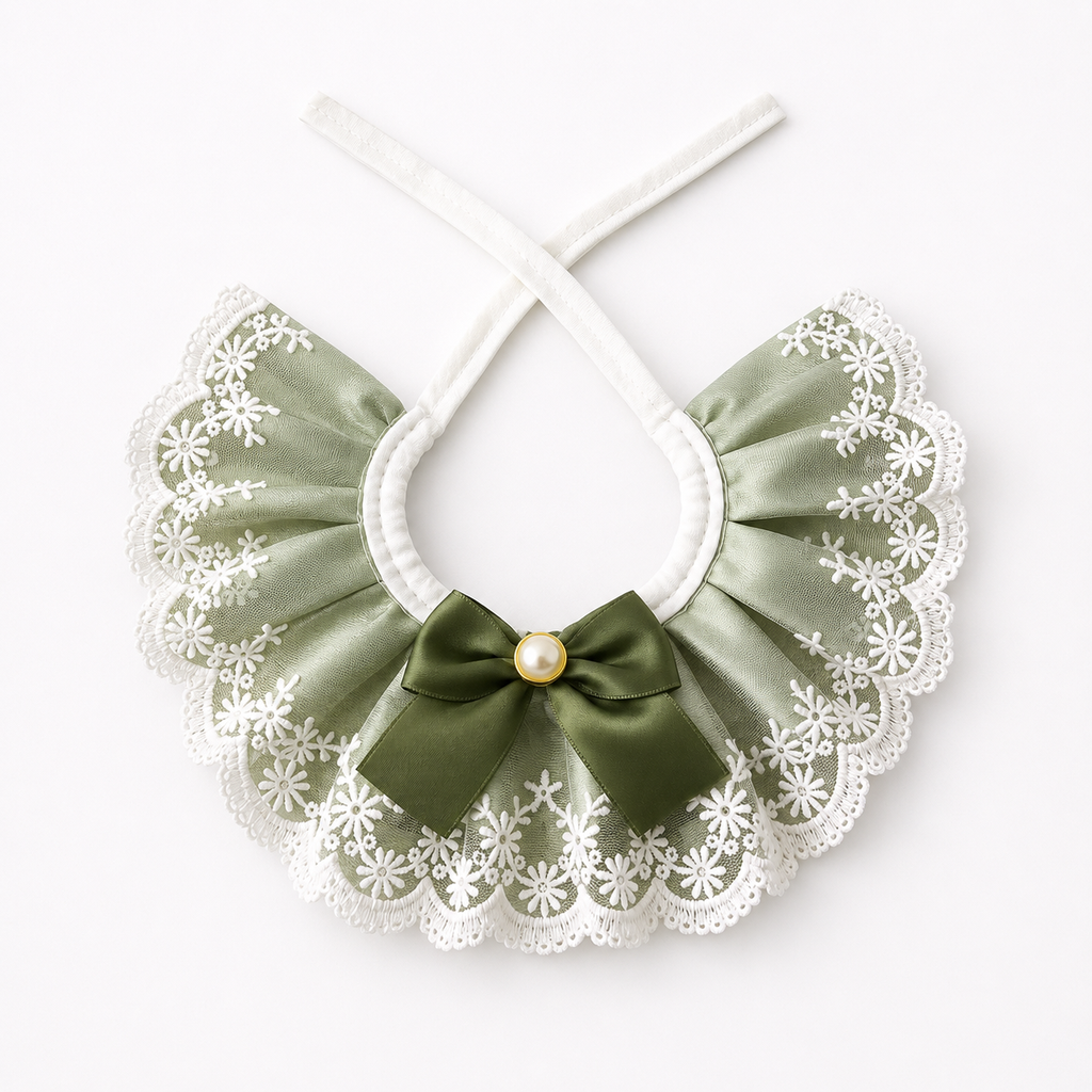 Sage Green Lace Pet Rabbit Bib – Victorian Style Bunny Collar with Bow & Pearl