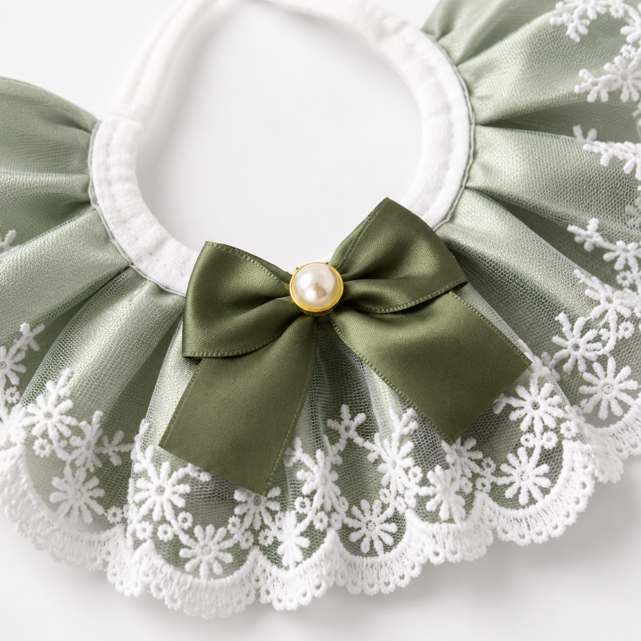 Sage Green Lace Pet Rabbit Bib – Victorian Style Bunny Collar with Bow & Pearl