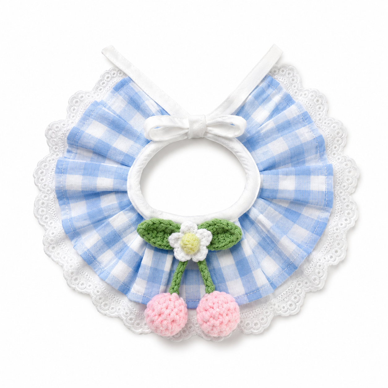 Cherry Blossom Gingham Bunny Bib Collar with Lace Trim – Cute Rabbit Neck Accessory
