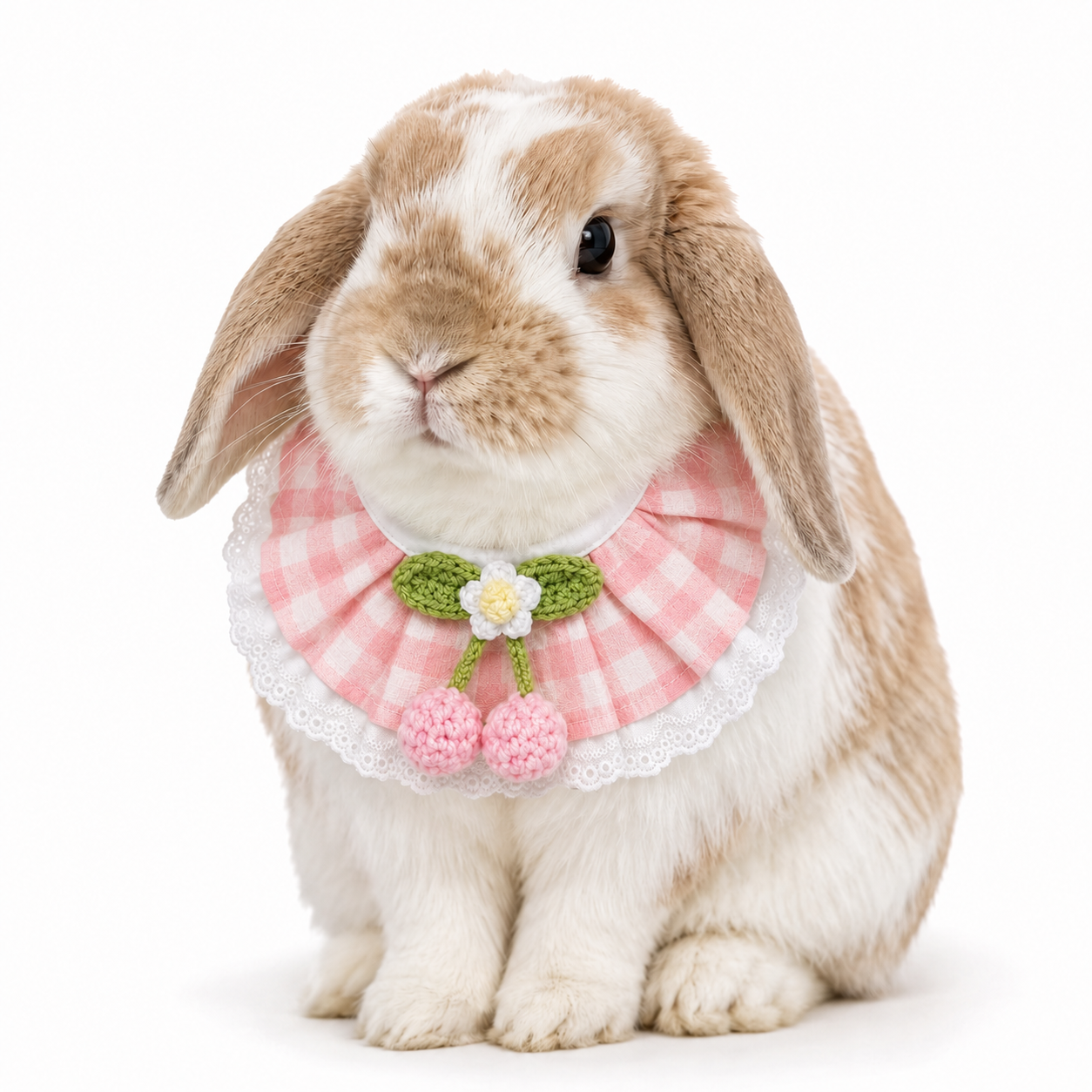 Cherry Blossom Gingham Bunny Bib Collar with Lace Trim – Cute Rabbit Neck Accessory