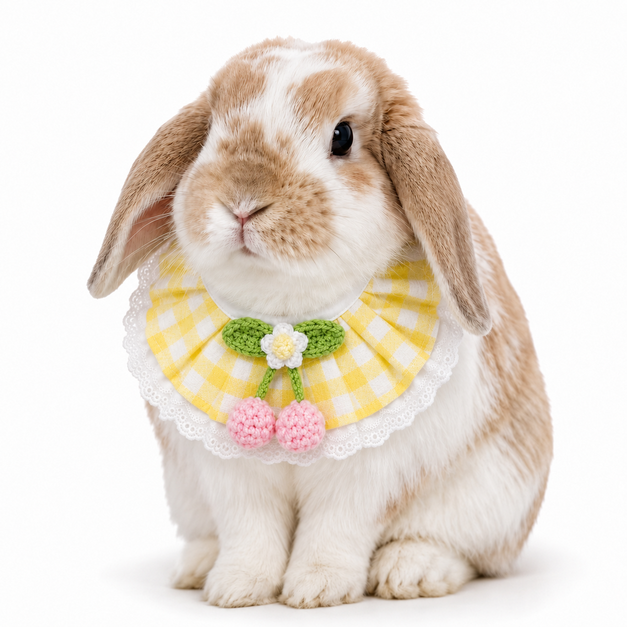 Cherry Blossom Gingham Bunny Bib Collar with Lace Trim – Cute Rabbit Neck Accessory