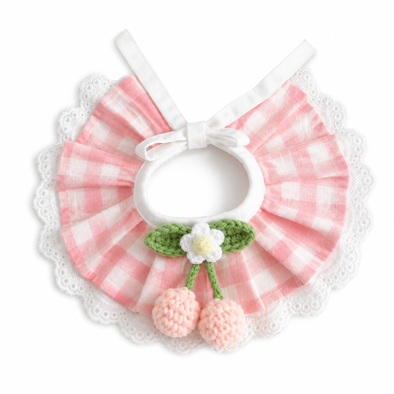 Cherry Blossom Gingham Bunny Bib Collar with Lace Trim – Cute Rabbit Neck Accessory