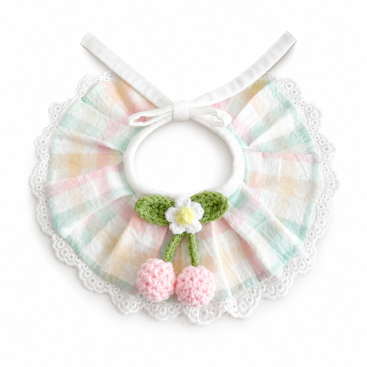Cherry Blossom Gingham Bunny Bib Collar with Lace Trim – Cute Rabbit Neck Accessory