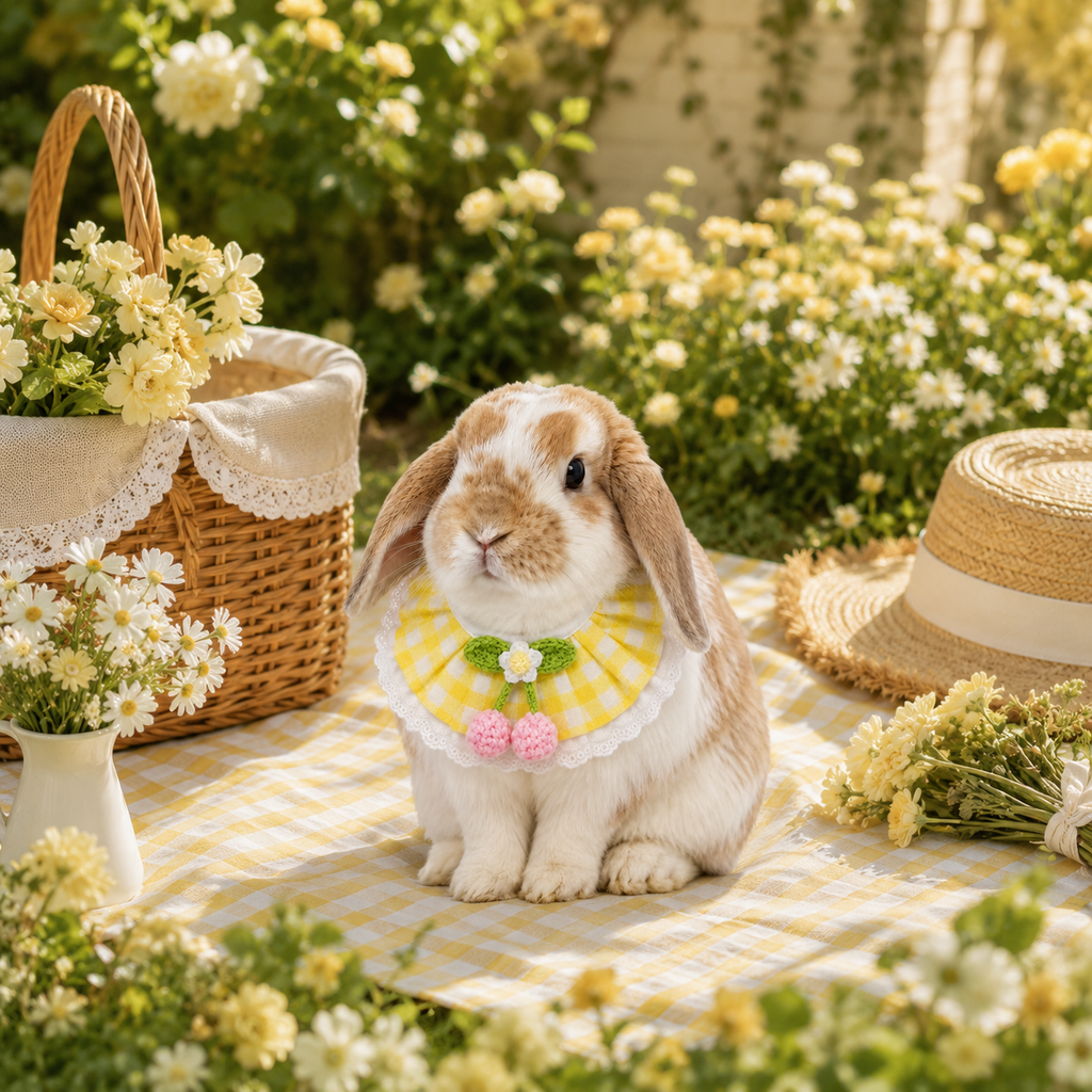 Cherry Blossom Gingham Bunny Bib Collar with Lace Trim – Cute Rabbit Neck Accessory