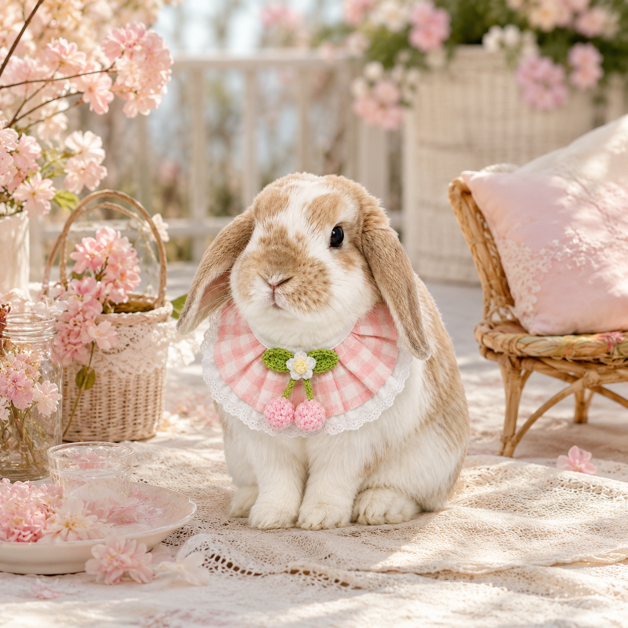 Cherry Blossom Gingham Bunny Bib Collar with Lace Trim – Cute Rabbit Neck Accessory