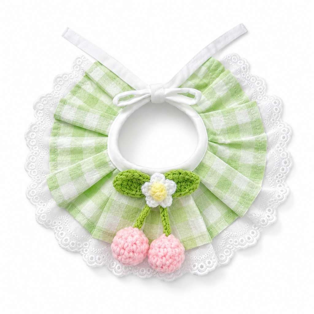 Cherry Blossom Gingham Bunny Bib Collar with Lace Trim – Cute Rabbit Neck Accessory