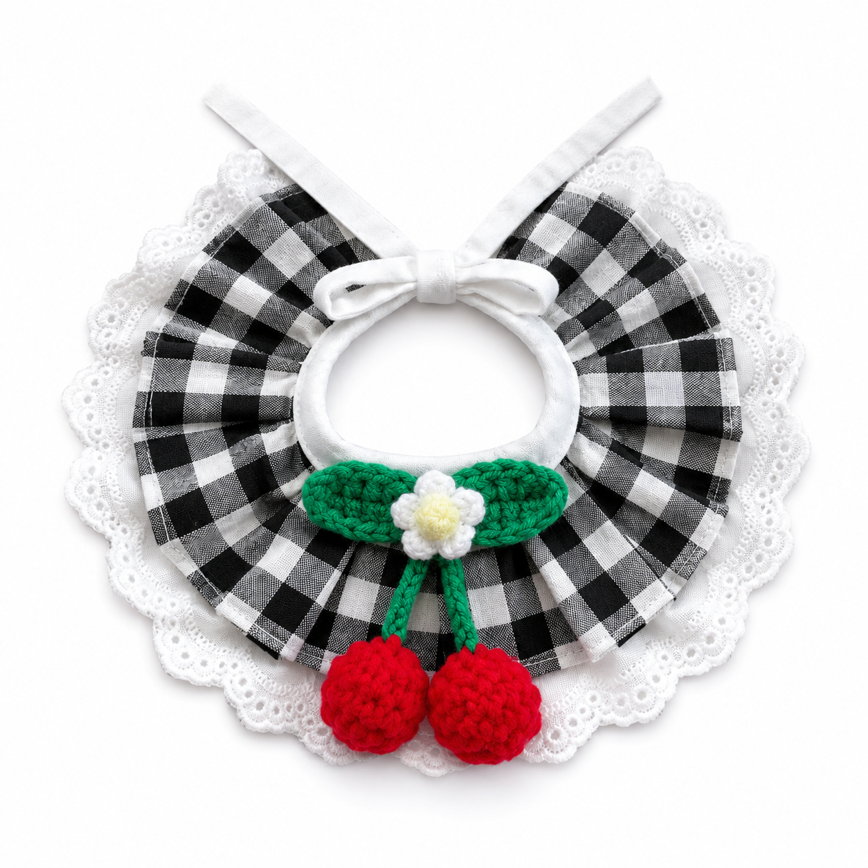 Cherry Blossom Gingham Bunny Bib Collar with Lace Trim – Cute Rabbit Neck Accessory