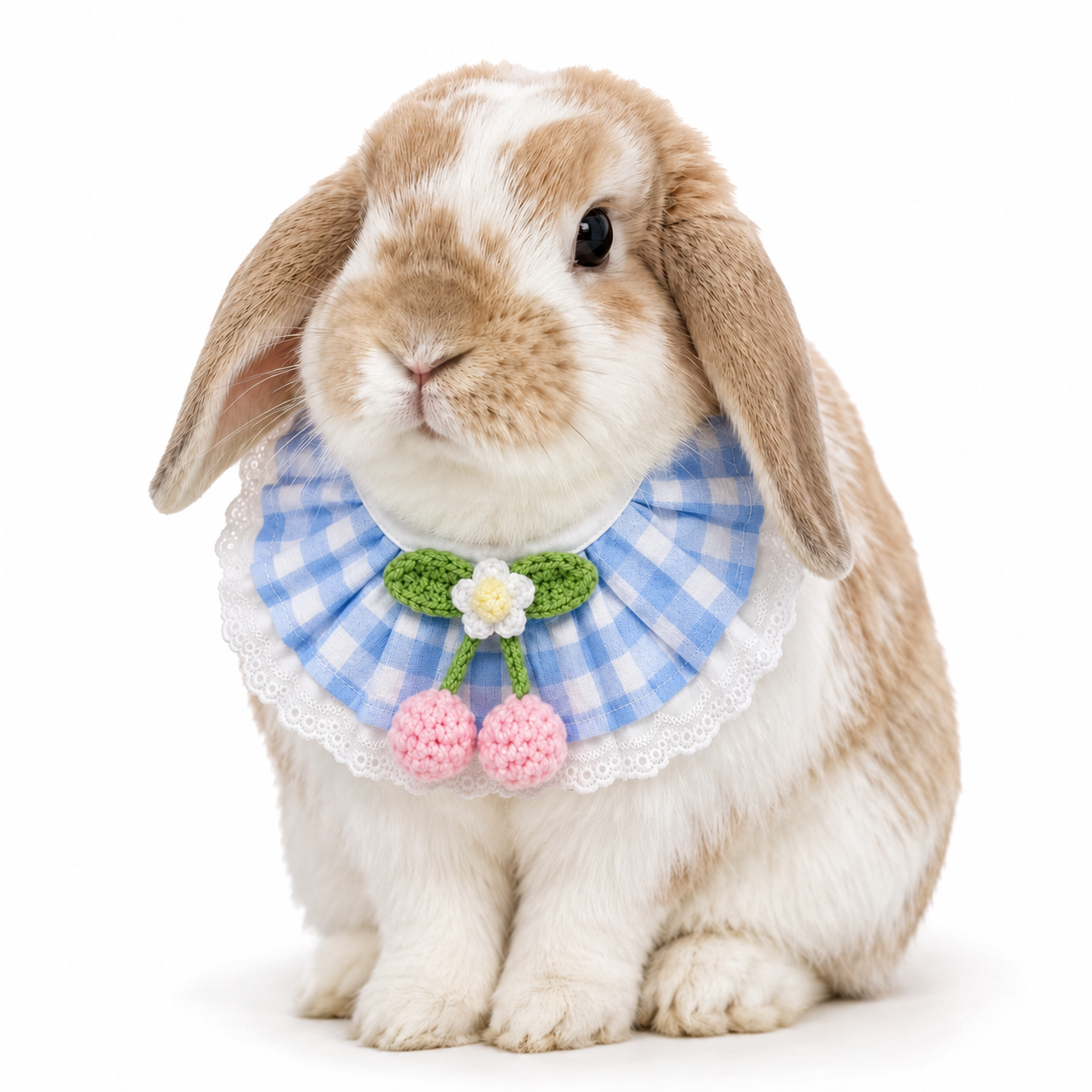 Cherry Blossom Gingham Bunny Bib Collar with Lace Trim – Cute Rabbit Neck Accessory