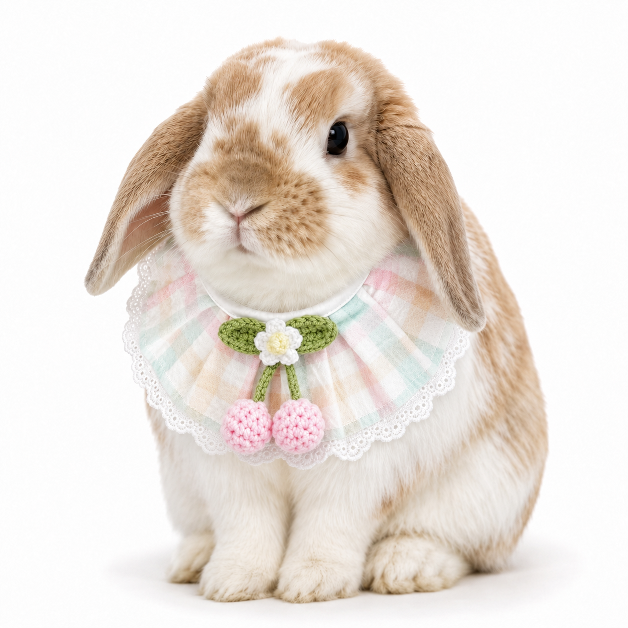Cherry Blossom Gingham Bunny Bib Collar with Lace Trim – Cute Rabbit Neck Accessory