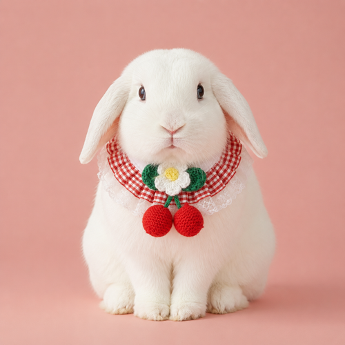 Yellow Plaid Bunny Bandana with Crochet Flower – Adjustable Lace Pet Rabbit Collar – Cherry Picnic Aesthetic