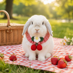 Yellow Plaid Bunny Bandana with Crochet Flower – Adjustable Lace Pet Rabbit Collar – Cherry Picnic Aesthetic