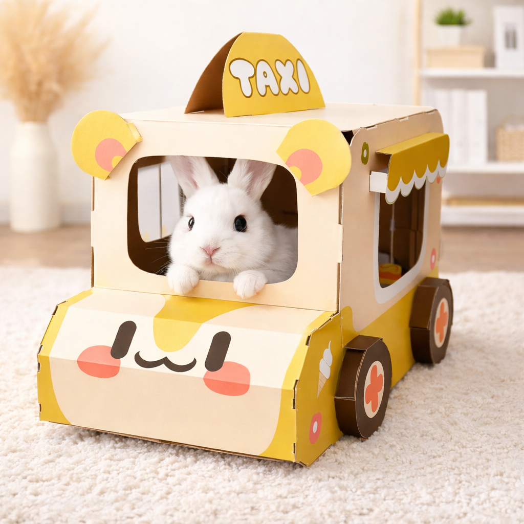Cardboard Rabbit House Taxi Pet Hideaway House Bunny Hideout
