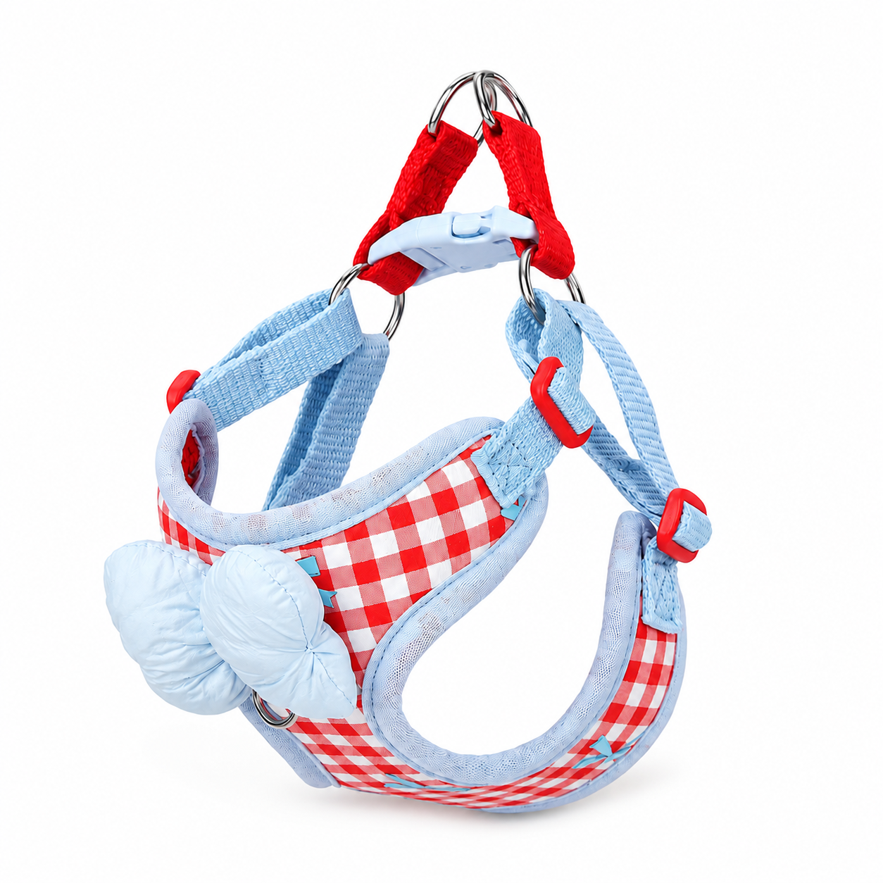 Blue and Pink Plaid Rabbit Chest Harness with Pink Bow