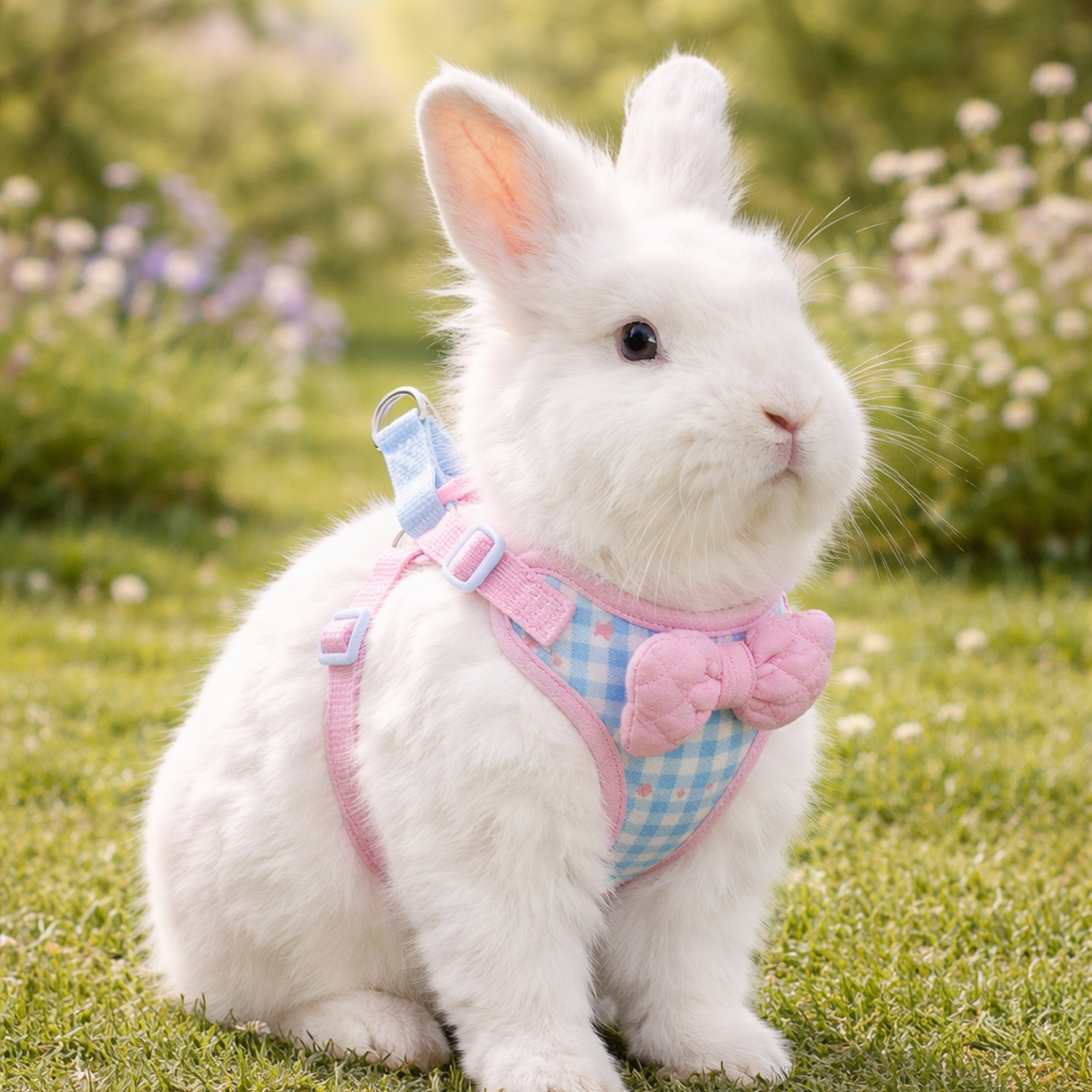 Blue and Pink Plaid Rabbit Chest Harness with Pink Bow