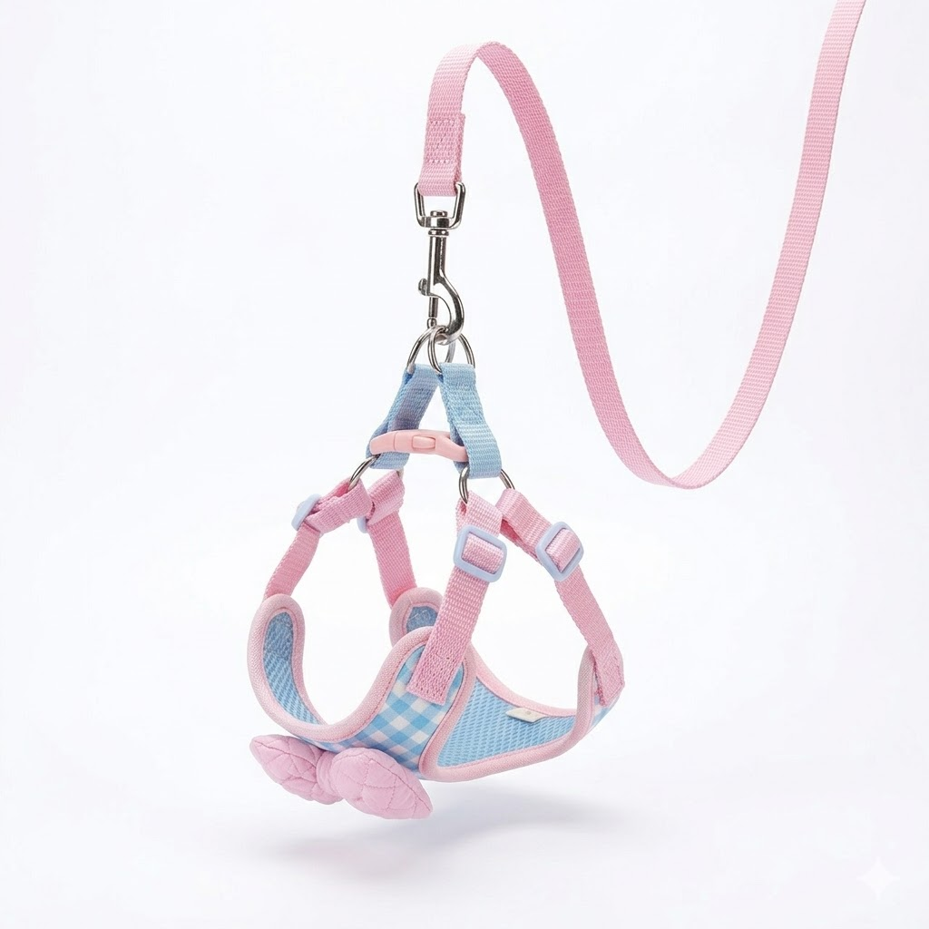 Blue and Pink Plaid Rabbit Chest Harness with Pink Bow