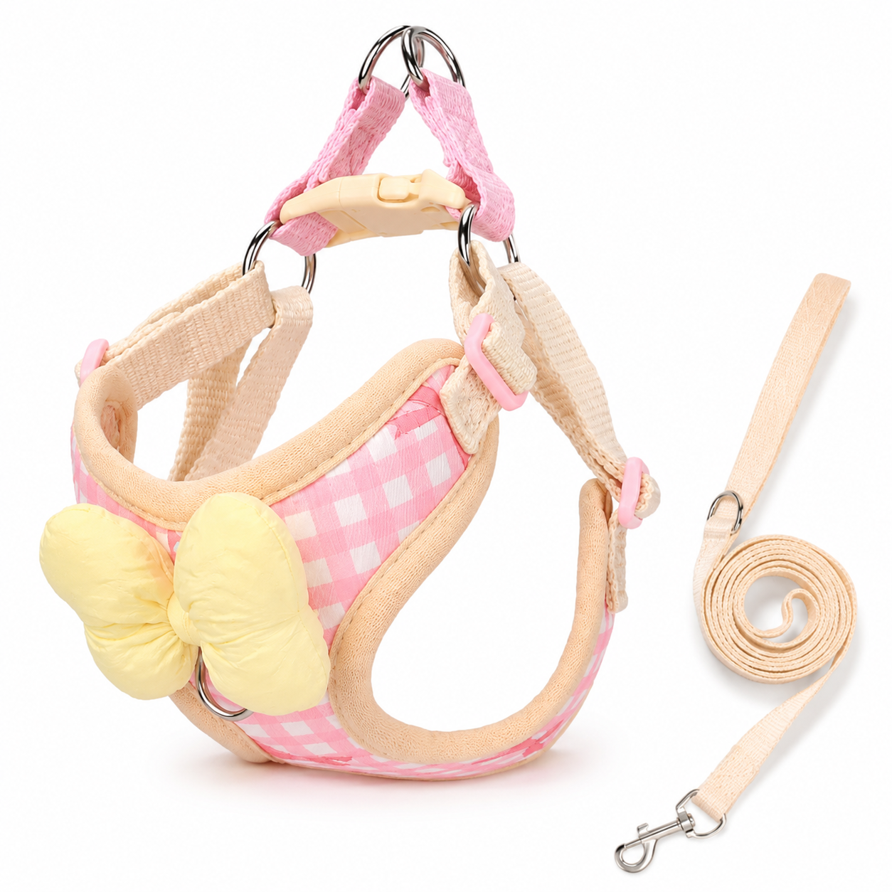Blue and Pink Plaid Rabbit Chest Harness with Pink Bow