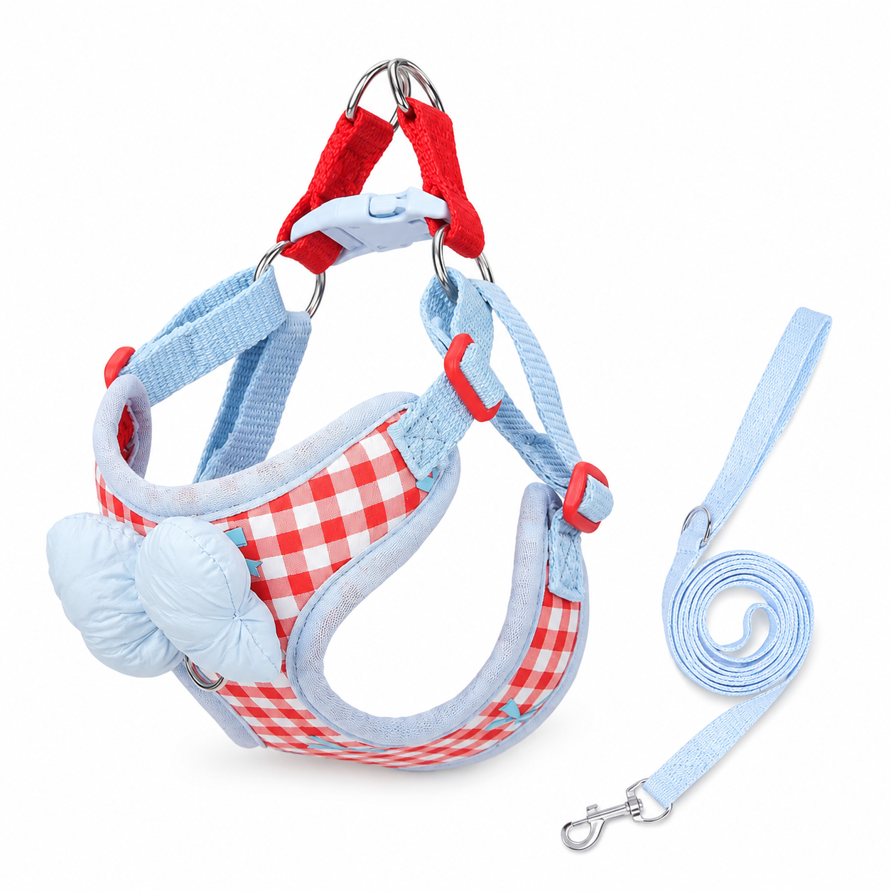 Blue and Pink Plaid Rabbit Chest Harness with Pink Bow