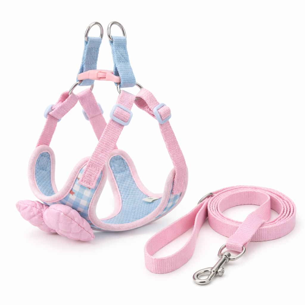 Blue and Pink Plaid Rabbit Chest Harness with Pink Bow