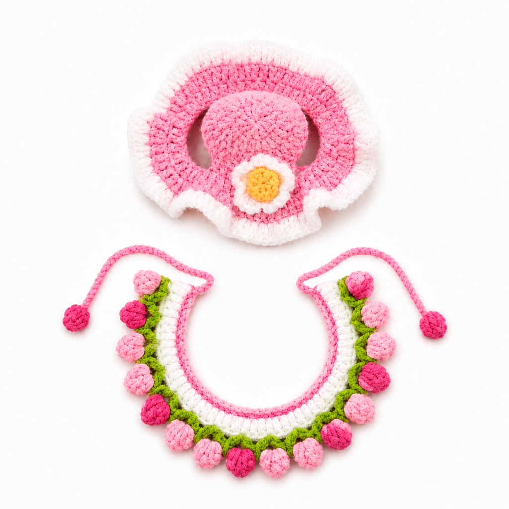Handmade Crochet Bunny Hat and Bib Set, Pink Flower Rabbit Costume, Cute Knitted Small Pet Outfit for Photoshoots, Birthday, Easter & Spring