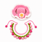 Handmade Crochet Bunny Hat and Bib Set, Pink Flower Rabbit Costume, Cute Knitted Small Pet Outfit for Photoshoots, Birthday, Easter & Spring