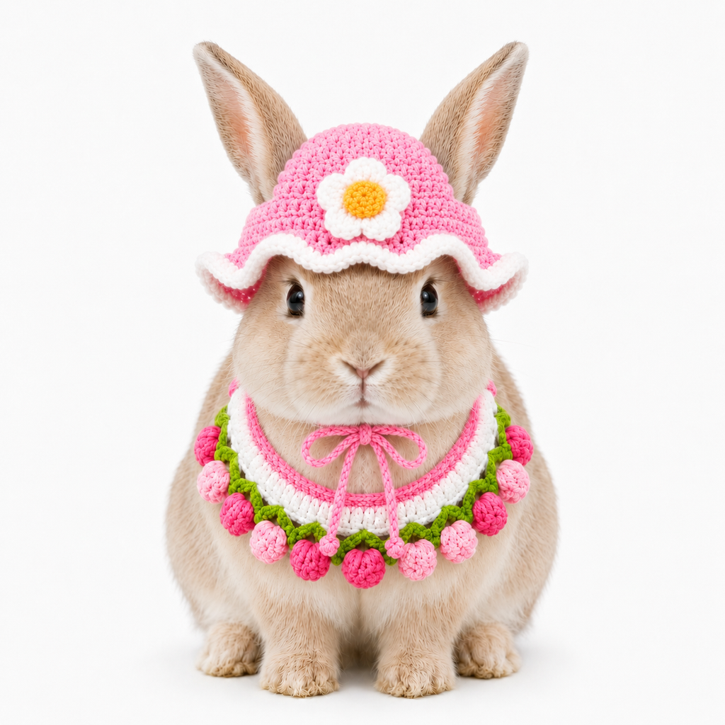 Handmade Crochet Bunny Hat and Bib Set, Pink Flower Rabbit Costume, Cute Knitted Small Pet Outfit for Photoshoots, Birthday, Easter & Spring