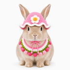 Handmade Crochet Bunny Hat and Bib Set, Pink Flower Rabbit Costume, Cute Knitted Small Pet Outfit for Photoshoots, Birthday, Easter & Spring