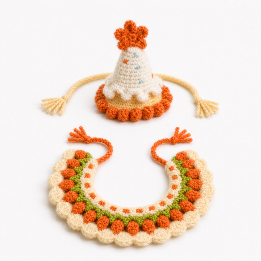 Handmade Crochet Bunny Hat and Bib Set – Cute Carrot Knit Rabbit Costume for Easter, Birthday, Photoshoot, Small Pet Accessories