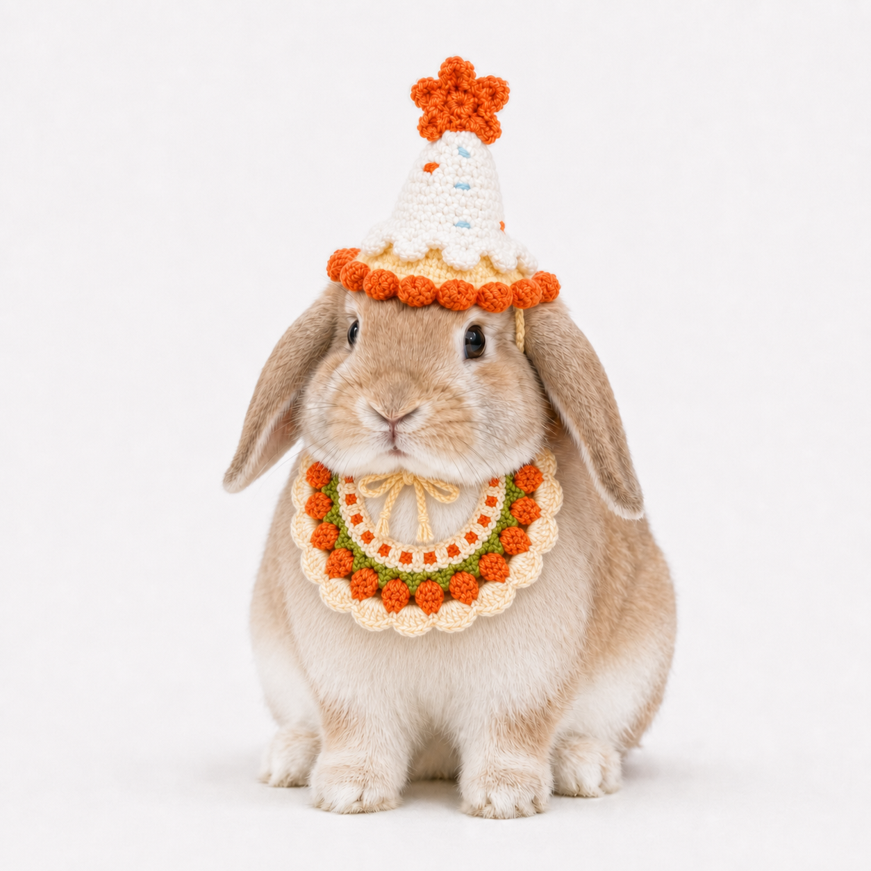 Handmade Crochet Bunny Hat and Bib Set – Cute Carrot Knit Rabbit Costume for Easter, Birthday, Photoshoot, Small Pet Accessories