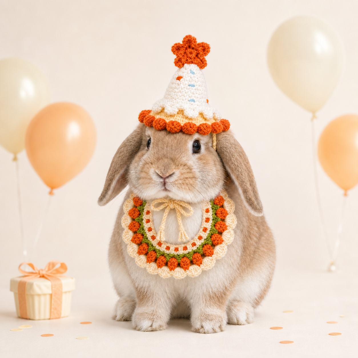 Handmade Crochet Bunny Hat and Bib Set – Cute Carrot Knit Rabbit Costume for Easter, Birthday, Photoshoot, Small Pet Accessories