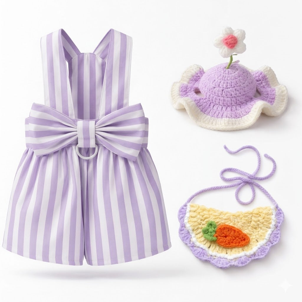 Striped Rabbit Dress and Crochet Flower Hat Set