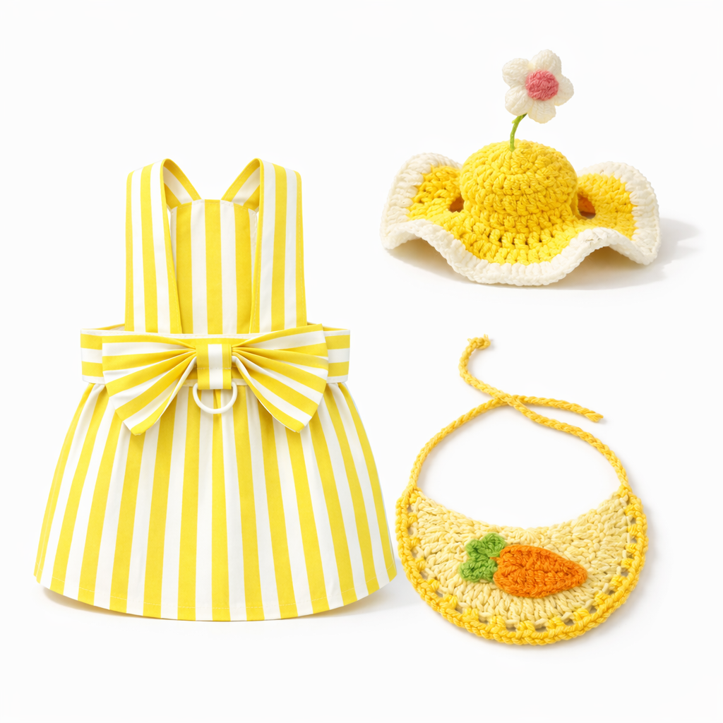 Striped Rabbit Dress and Crochet Flower Hat Set