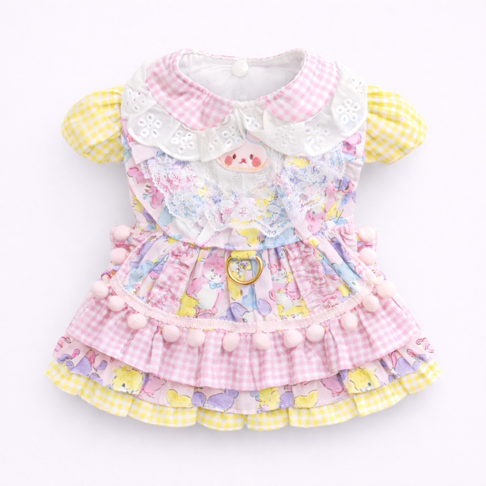 Kawaii Gingham Pet Bunny Dress & Matching Beaded Charm Bracelet Set – Pastel Lolita Style