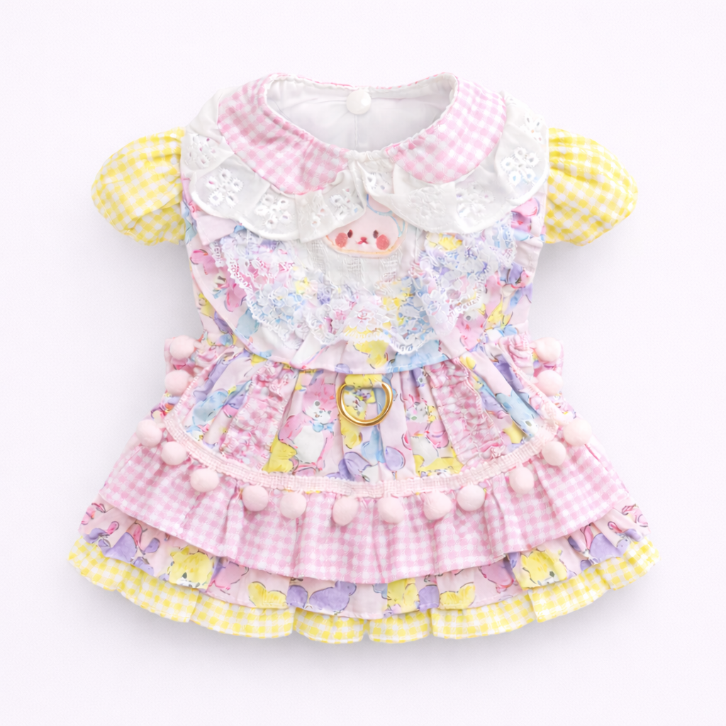 Kawaii Gingham Pet Bunny Dress & Matching Beaded Charm Bracelet Set – Pastel Lolita Style